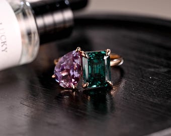 Lab Grown Emerald Toi et Moi Wedding Ring, Pear Alexandrite Two Stone Engagement Ring, Gemstone Birthstone Memorial Ring Anniversary Ring