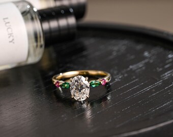 Solid Gold Oval Cut Moissanit Verlobungsring, Jahrestag Geschenk für Frauen