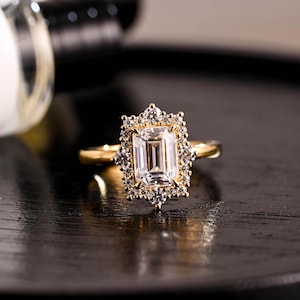 Solid Gold Emerald Cut Moissanite Engagement Ring, Starburst Emerald Cut Moissanite Wedding Ring, Anniversary Ring, Moissanite Promise Ring