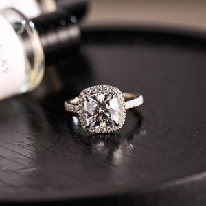 Solid Gold Cushion Cut Moissanite Engagement Ring, Halo Cushion Cut Wedding Ring, Half Pave Anniversary Ring, Bridge Halo Moissanite Ring