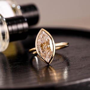 Crushed Ice Cut Marquise Moissanite Engagement Ring, Solid Gold Wedding Ring, Solitaire Bezel Marquise Engagement Ring, Anniversary Ring