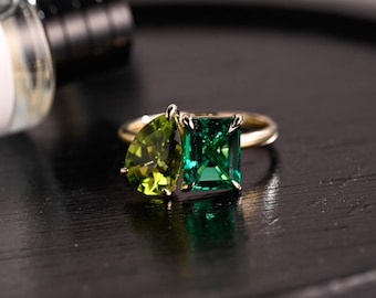 Peridot/Lab Grown Emerald Toi et Moi Ring, Memorial Two Stone Engagement Ring, Pear Cut Gemstone Wedding Ring, Birthstone Anniversary Ring