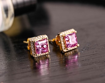 Princess Cut Pink Moissanite Earring Studs, Halo Princess Moissanite Earrings, Wedding Engagement Accessories, Anniversary Gifts for Women