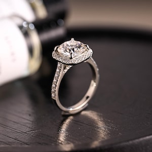 Solid Gold Cushion Cut Moissanite Engagement Ring, Halo Cushion Cut Wedding Ring, Half Pave Anniversary Ring, Bridge Halo Moissanite Ring