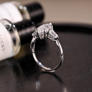 Hidden Halo Three Stone Marquise Cut Moissanite Engagement Ring, Solid Gold Marquise Moissanite Wedding Ring, Anniversary Ring, Promise Ring