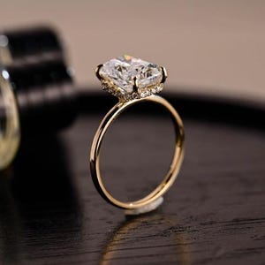 Solid Gold Radiant Cut Moissanite Engagement Ring, Hidden Halo Promise Ring for Women