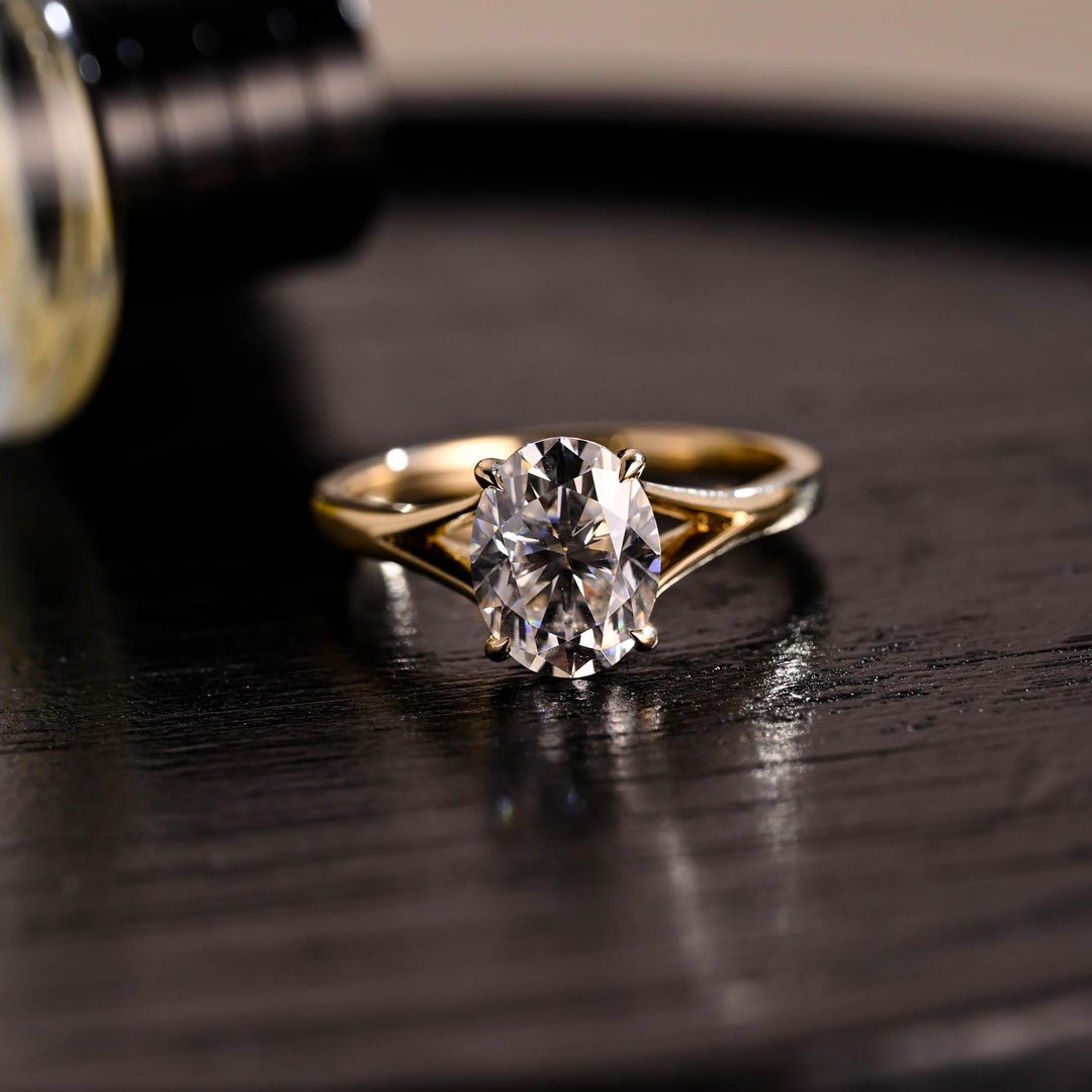 Solid Gold Solitaire Oval Cut Moissanite Engagement Ring, Anniversary ...