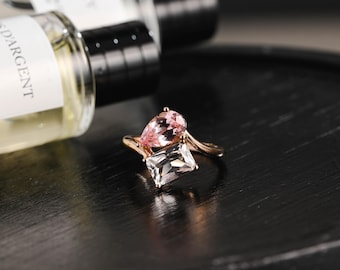 Solid Gold Toi et Moi Lab Grown Pink Sapphire & Emerald Cut Two Stone Moissanite Engagement Ring