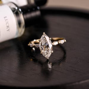 Side Stone Marquise Cut Moissanite Engagement Ring, Hidden Halo Moissanite Wedding Ring, Marquise Promise Ring, Anniversary Ring Gift