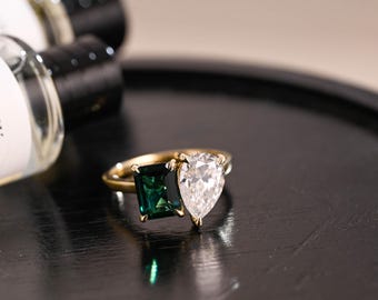 Bridge Halo Lab Grown Emerald Toi et Moi Ring, Memorial Two Stone Moissanite Engagement Ring, Hidden Halo Wedding Promise Ring, Anniversary