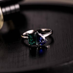 Lab Grown Sapphire Toi et Moi Wedding Ring, Lab Grown Emerald Two Stone Engagement Ring, Gemstone Birthstone Memorial Ring Anniversary Ring