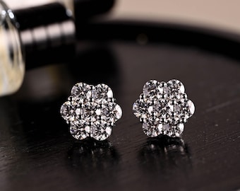 Solid Gold Flower Moissanite Earring Stud, Round Cut Honeycomb Stud Earrings, Flower Cluster Moissanite Wedding Earrings, Anniversary Gift