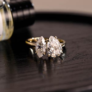 Toi et Moi Moissanite Engagement Ring, Marquise/Pear Cut Moissanite Toi et Moi Ring, Two-Stone Wedding Ring, Solid Gold Anniversary Ring