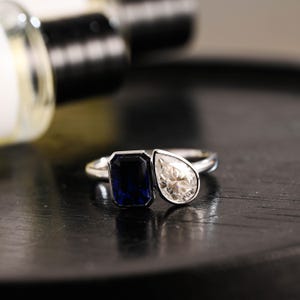 Solid Gold Emerald Cut Lab Grown Sapphire & Pear Cut Moissanite Toi et Moi Engagement Ring, Promise Ring, Anniversary Gift for Women Wife