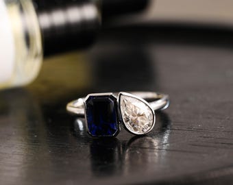 Solid Gold Emerald Cut Lab Grown Sapphire & Pear Cut Moissanite Toi et Moi Engagement Ring, Promise Ring, Anniversary Gift for Women Wife