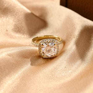 Solid Gold Cushion Cut Moissanite Engagement Ring, Halo Cushion Cut Wedding Ring, Half Pave Anniversary Ring for Her, Moissanite Gift