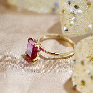 Solid Gold Emerald Cut Lab Grown Ruby Engagement Ring, Solitaire Ruby Wedding Ring, Anniversary Gemstone Ring, 8 Prongs Emerald Cut Ring