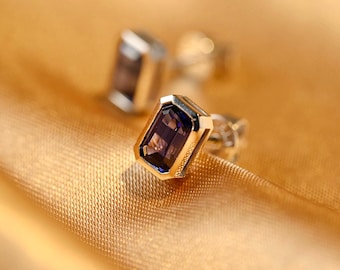 Emerald Cut Lab Grown Sapphire Earring Studs, Bezel Solitaire Gemstone Earrings, Wedding Engagement Accessories, Anniversary Gifts for Women