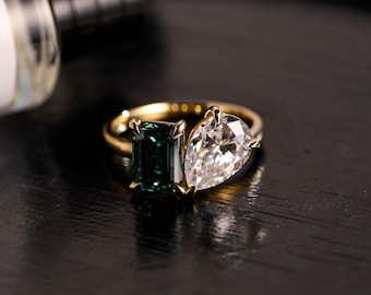 Toi et Moi Moissanite Engagement Ring, Green Moissanite Two Stone Ring, Pear Cut Toi et Moi Wedding Ring, Unique Promise Ring, Gifts for Her