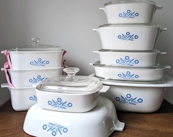 Corning Ware "Blue Cornflower" pieces  |  saucepan, skillet, dutch oven with lid  |  vintage cookware  |  80s kitchen  |  made in CAN / USA