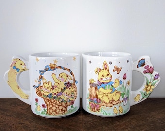 Vintage WCL whimsical Easter bunny tea / coffee mugs  |  set of 2  |  ceramic spring rabbit cups  |  festive home decor  |  retro drinkware