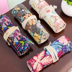 キャンバスロールアップペンケース – 12/24スロットペンホルダーポーチ | ペンケース、メイクブラシバッグ、学校用アーティスト収納ラップ