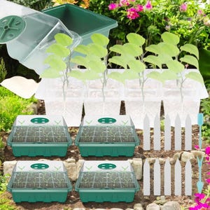Kit mini serra da 4 pezzi con vassoi da 12 celle - Vivaio di propagazione per interni con presa d'aria, kit di giardinaggio fai da te per l'avvio dei semi