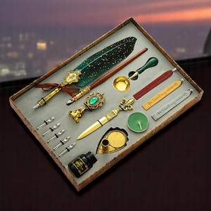 vintage stylo plume et kit de cire d'étanchéité | Set d'écriture calligraphie rétro avec encre, cire | Cadeau pour écrivains, étudiants, artisans