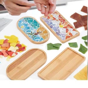 DIY Mosaic Coaster Kit | Coconut Tree Bamboo Tray Set | Glass Tile Craft for Adults | Handmade Art Gift | 2 Blank Base Coasters