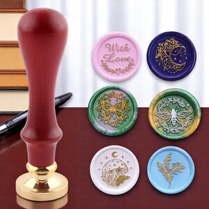 Juego de sellos de lacre / 7 sellos de latón vintage + mango de madera / Abeja, mariposa, luna, con amor / Caja de regalo para bodas y cartas