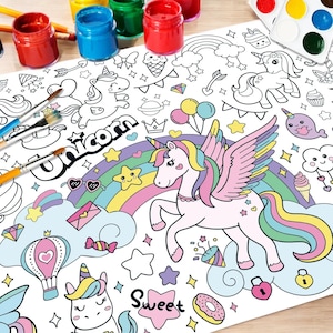 Einhorn Malbuch für Kinder, großes Poster zum Ausmalen, Party Tischdecke, Geburtstagsgeschenk, Malseite, Kunst Geschenk, DIY Spaß für Kinder