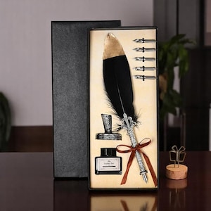 Ensemble plume d'oie plume et encre rétro | Kit de stylos pour calligraphie vintage avec 5 plumes | Cadeau pour écrivains, professeurs, artistes, usage bureautique