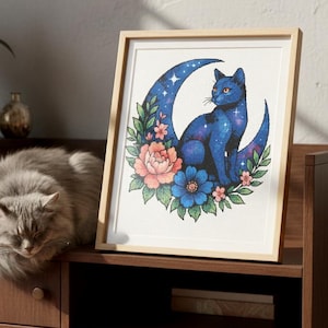 Kosmische Katze Kreuzstichmuster | Galaxy Feline, moderne Fantasy Malerei (PDF)