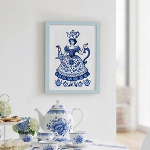 Patrón de punto de cruz de la dama de la tetera azul de Delft (PDF)