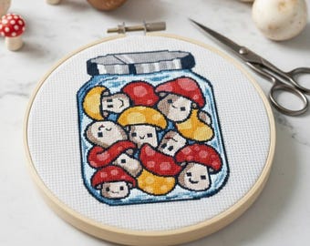 Mushroom Jar Cross Stitch Pattern | Kawaii Cottagecore Embroidery (PDF)