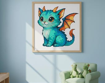 Dragon Cat Cross Stitch Pattern | Fantasy Animal Embroidery (PDF Download)