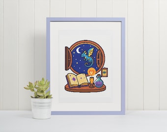 Magical Night Cross Stitch Pattern | Dragon, Magic Book & Potion | Instant PDF Download