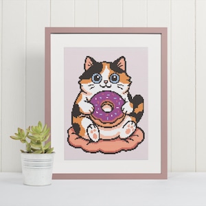 Fat Calico Cat with Donut Cross Stitch Pattern | Chubby Cat | Cat Lovers Gift | Instant Download PDF