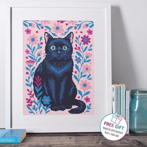 Black Cat Cross Stitch Pattern: Floral Background (PDF Download)