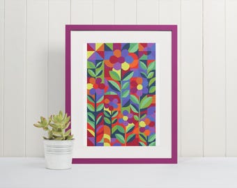 May include: A framed art print featuring a colorful floral design. The artwork showcases stylized flowers and leaves in shades of red, orange, yellow, blue, and green. The frame is a vibrant magenta color, and a small potted succulent is in the foreground.
