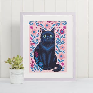 花の背景を持つ黒猫 | 猫のクロスステッチ | 子供部屋の装飾 | PDFパターンをすぐにダウンロード