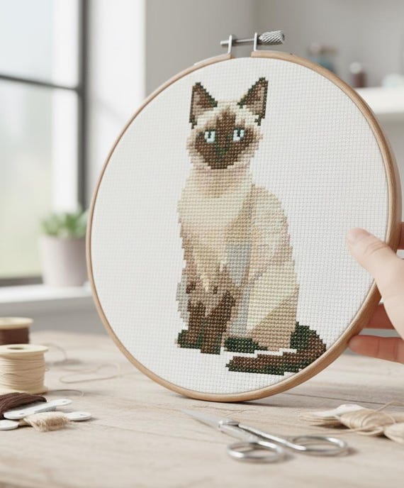 シャム猫のクロスステッチパターン｜ペットのポートレート刺繍（PDF