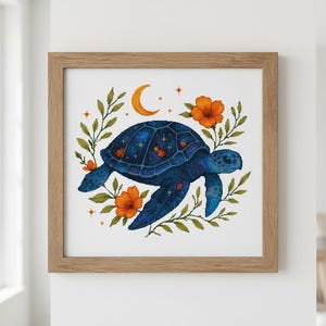 May include: Framed cross-stitch artwork of a blue sea turtle with a starry shell. The turtle is encircled by orange flowers, green leaves, and a crescent moon. The piece is presented in a wooden frame.