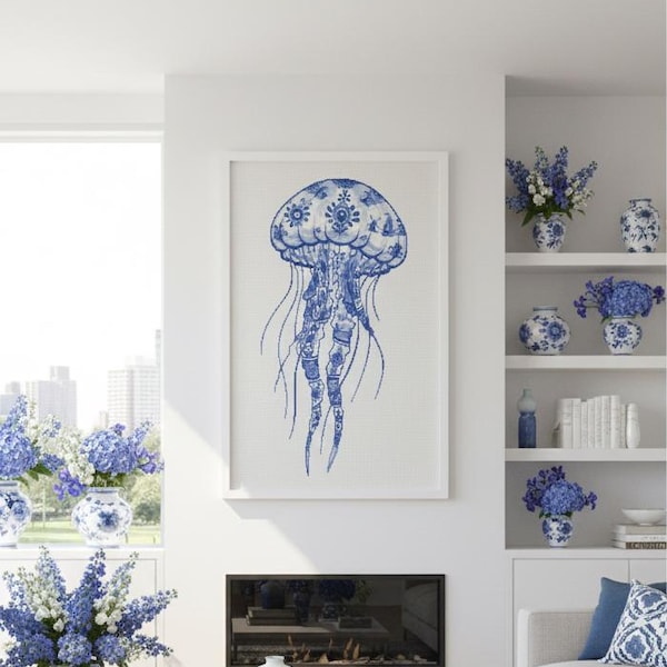 Delft Blue Jellyfish Cross Stitch Pattern PDF Nautical Bathroom Decor Ocean Nursery Art