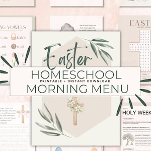Pode incluir: Menu matinal para a escola em casa de Páscoa com uma cruz, ramos de oliveira e o texto "Easter Homeschool Printable + Instant Download Morning Menu".