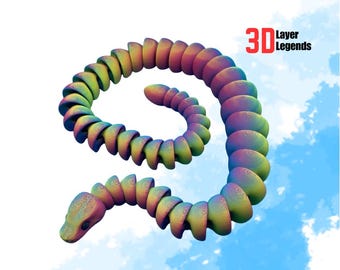 May include: A 3D-printed, segmented snake toy in a spiral shape. The snake is a gradient of colors, including green, yellow, orange, pink, and purple. The text "3D Layer Legends" is in the upper right corner against a blue sky background.