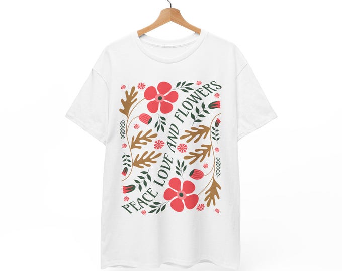 Floral Peace Love Unisex Tee, Flower Vibe T-Shirt, Hippie Shirt, Botanical Gardener Gift, Positive Vibes Top