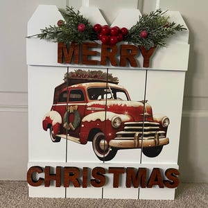 Merry Christmas Fence Sign with Vintage Red Truck