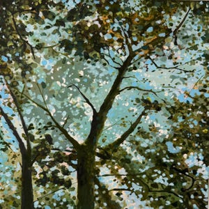 May include: An oil painting depicting trees against a light blue sky. The artwork uses a low-angle perspective, with the tree trunks and branches in dark brown and green, and the leaves in shades of green and white.