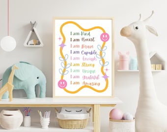 Affirmation Wall Art , Nursery Prints, positive affirmation prints for Kids, Motivational posters, printable art for classroom,I am kind